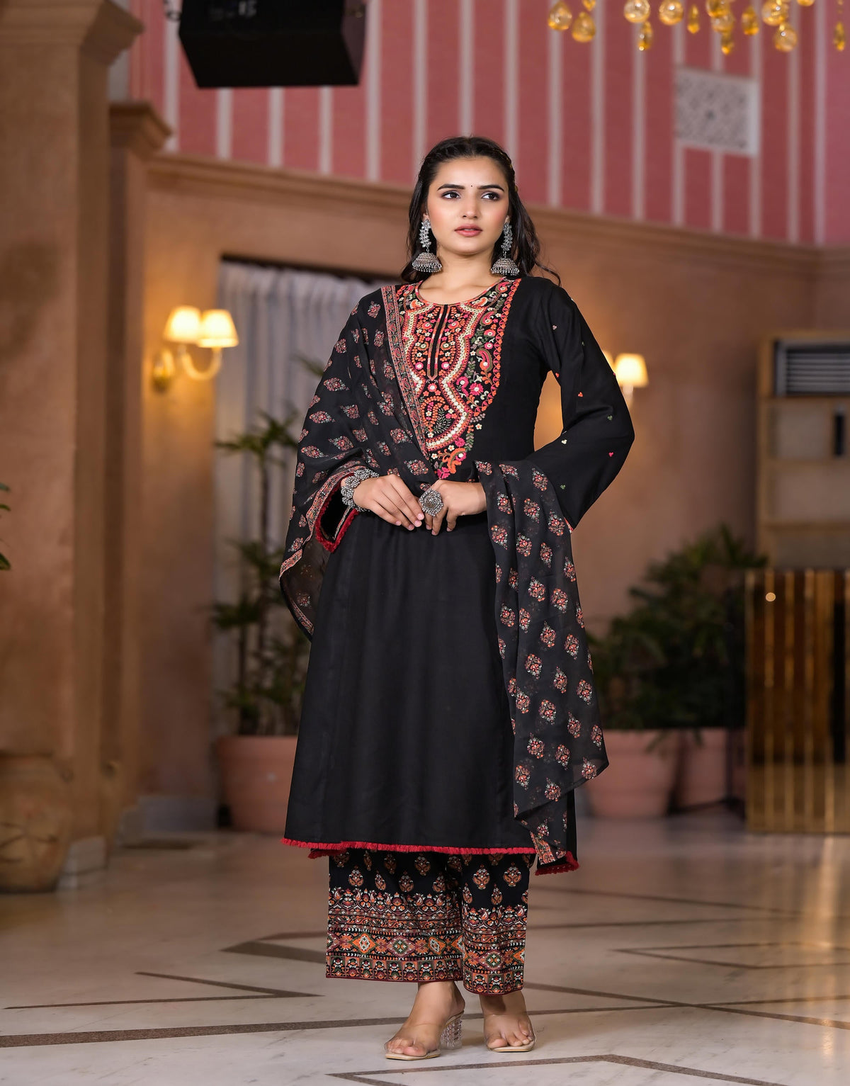 Juniper Women's Black Thread Embroidered Rayon Kurta Set With Mirror Work - Distacart