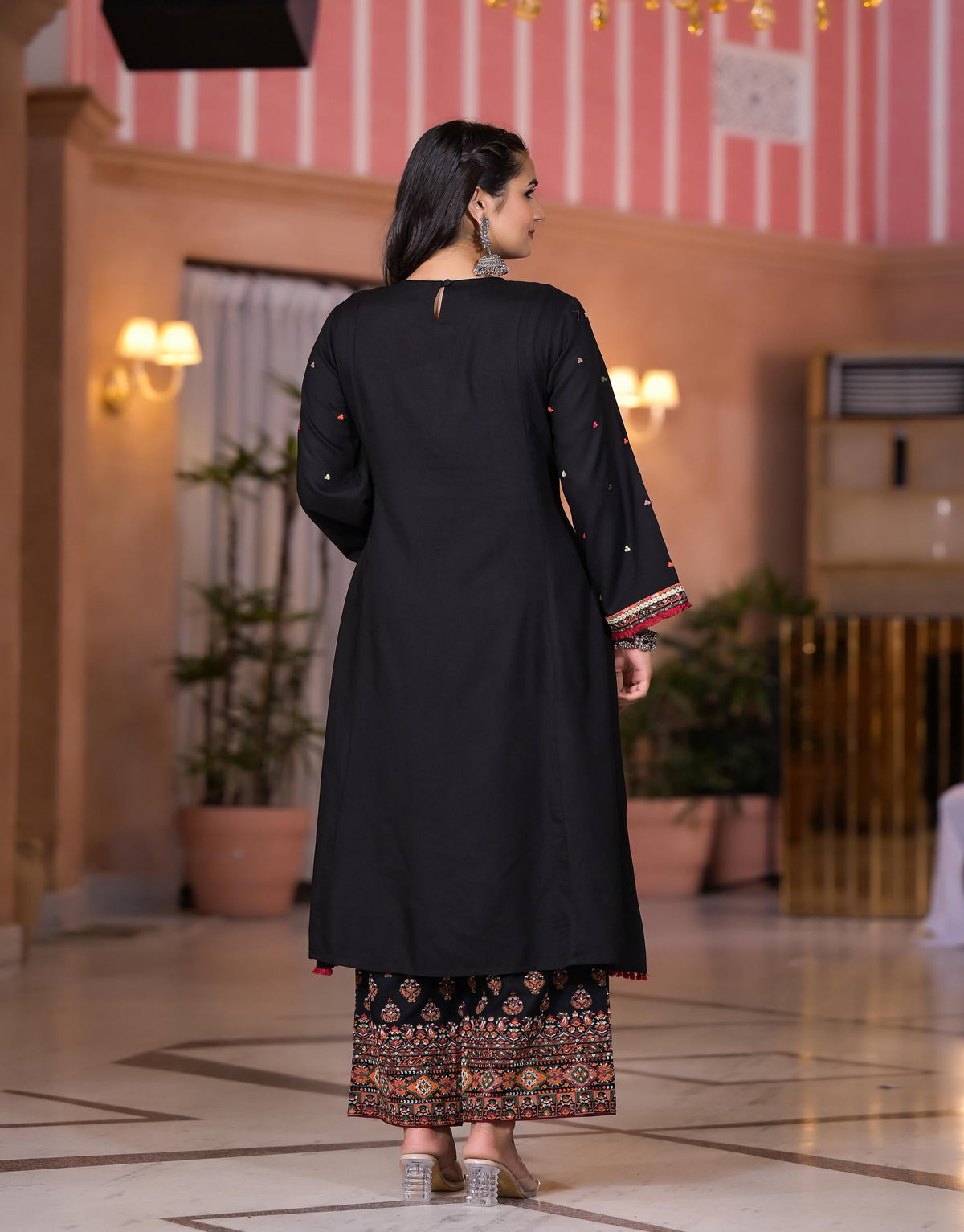 Juniper Women's Black Thread Embroidered Rayon Kurta Set With Mirror Work - Distacart