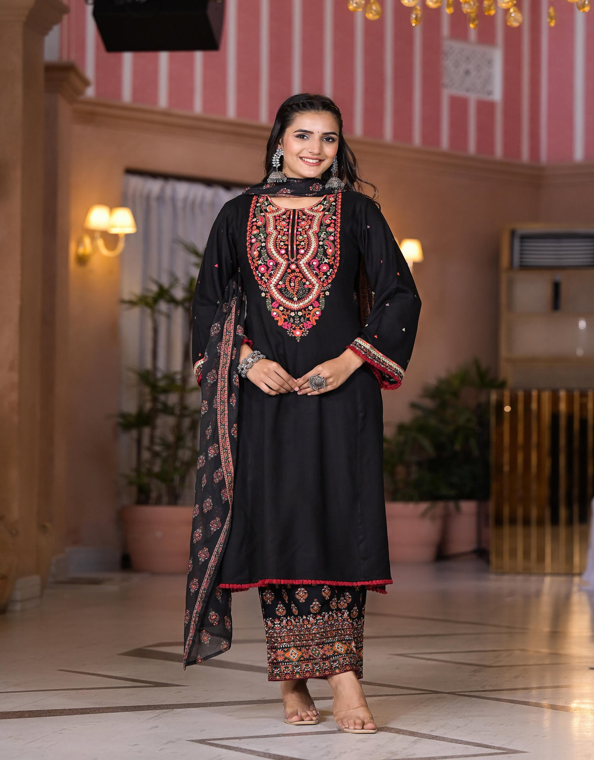 Juniper Women's Black Thread Embroidered Rayon Kurta Set With Mirror Work - Distacart
