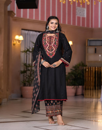 Juniper Women's Black Thread Embroidered Rayon Kurta Set With Mirror Work - Distacart