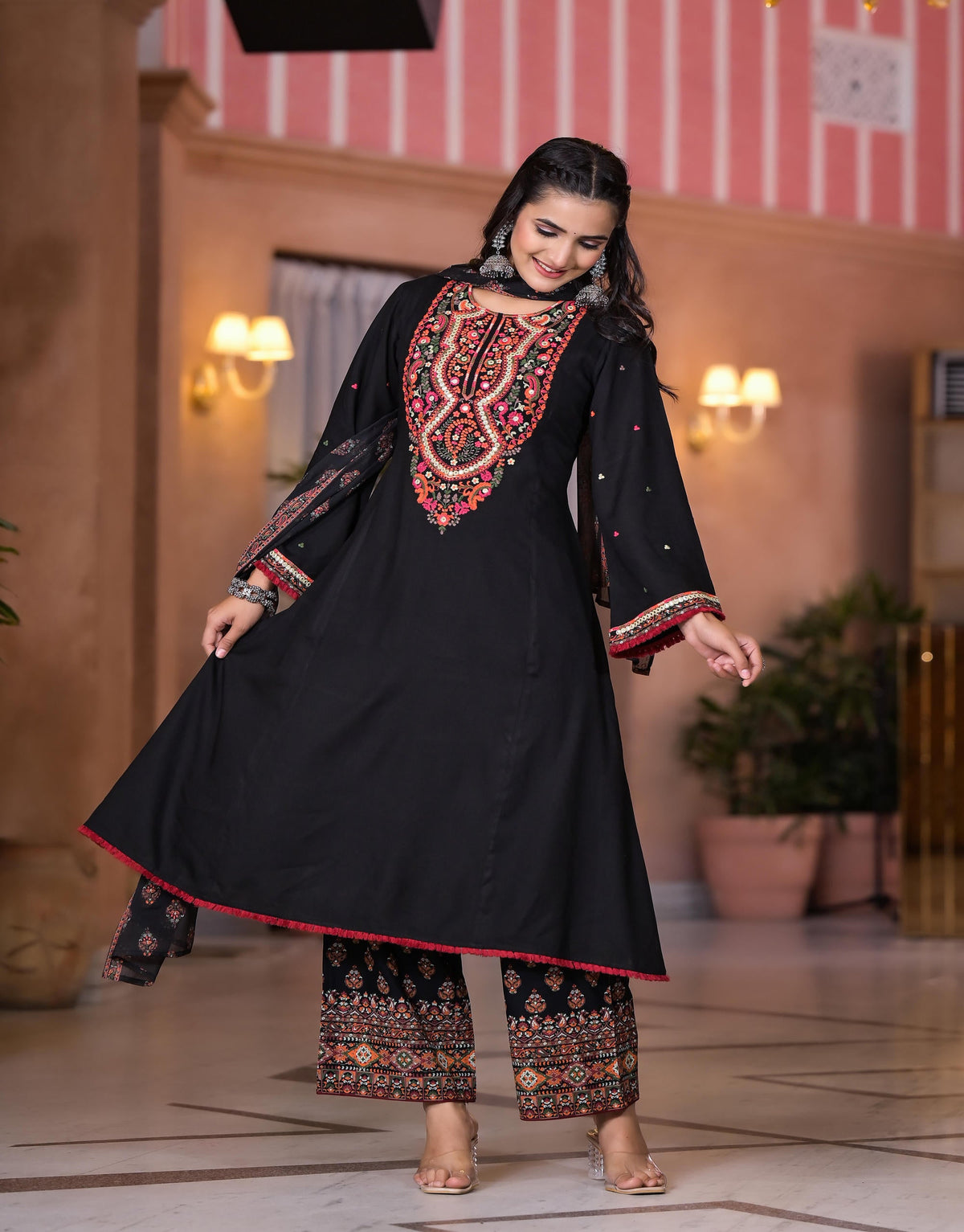 Juniper Women's Black Thread Embroidered Rayon Kurta Set With Mirror Work - Distacart