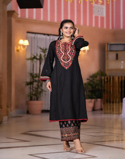 Juniper Women's Black Thread Embroidered Rayon Kurta Set With Mirror Work - Distacart