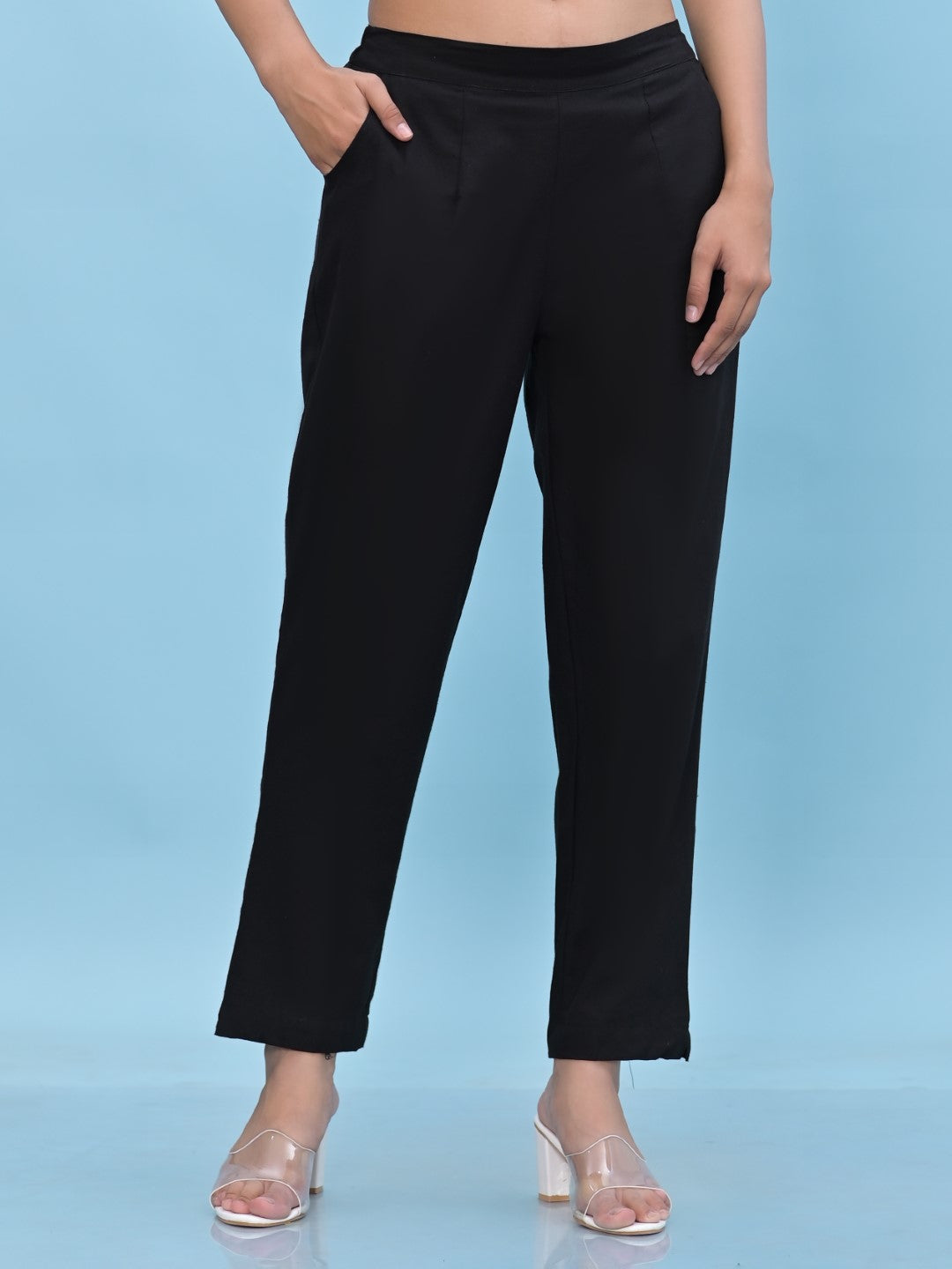 Juniper Women's Black Solid Cotton Pants with Partially Elasticated Waistband and Two Side Pockets - Distacart
