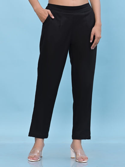 Juniper Women's Black Solid Cotton Pants with Partially Elasticated Waistband and Two Side Pockets - Distacart