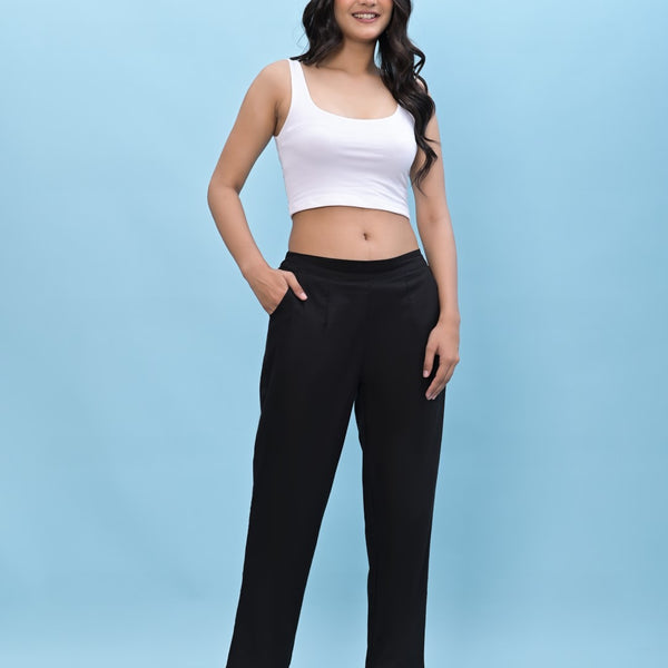 Juniper Women's Black Solid Cotton Pants with Partially Elasticated Waistband and Two Side Pockets - Distacart