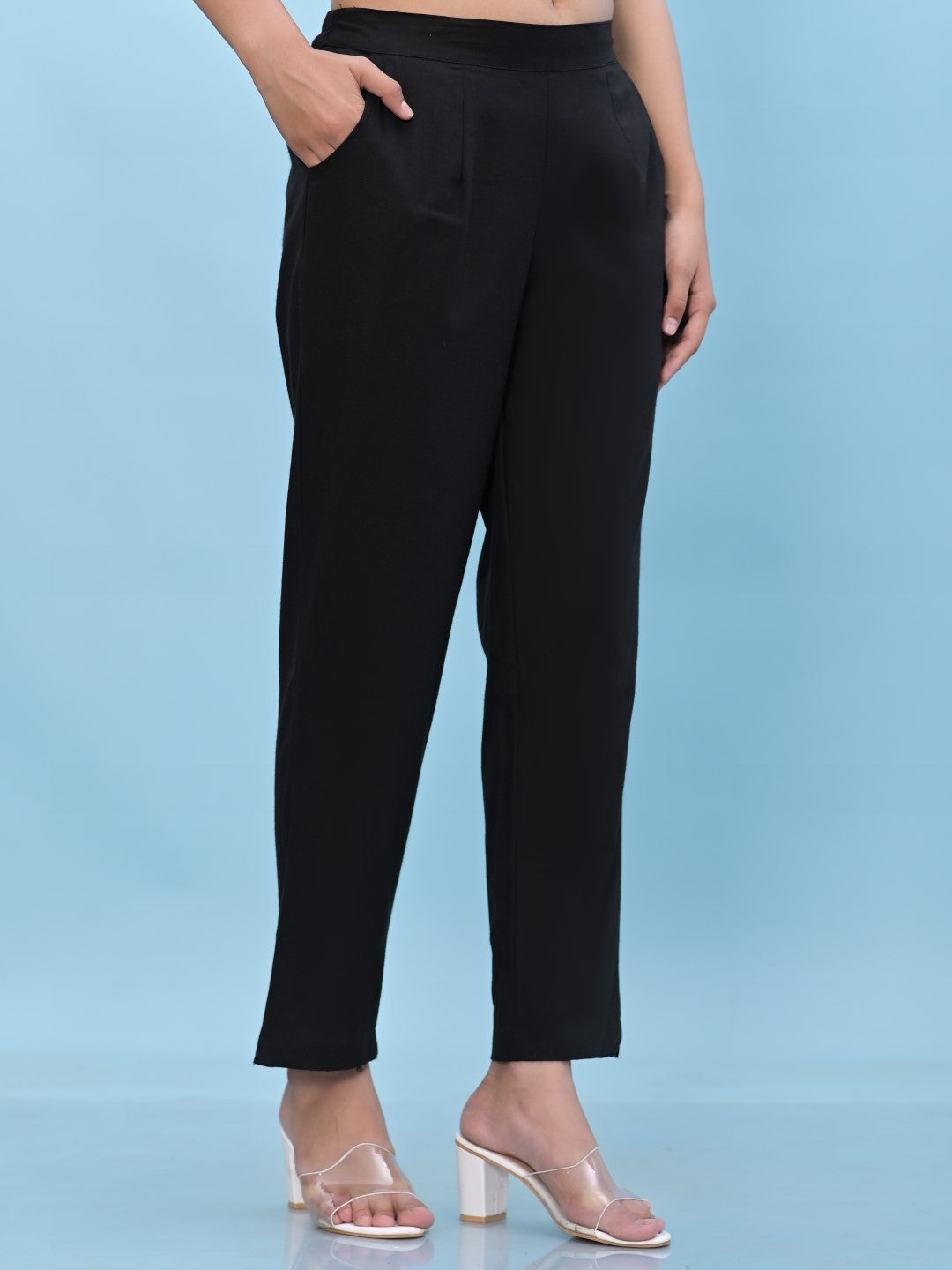 Juniper Women's Black Solid Cotton Pants with Partially Elasticated Waistband and Two Side Pockets - Distacart