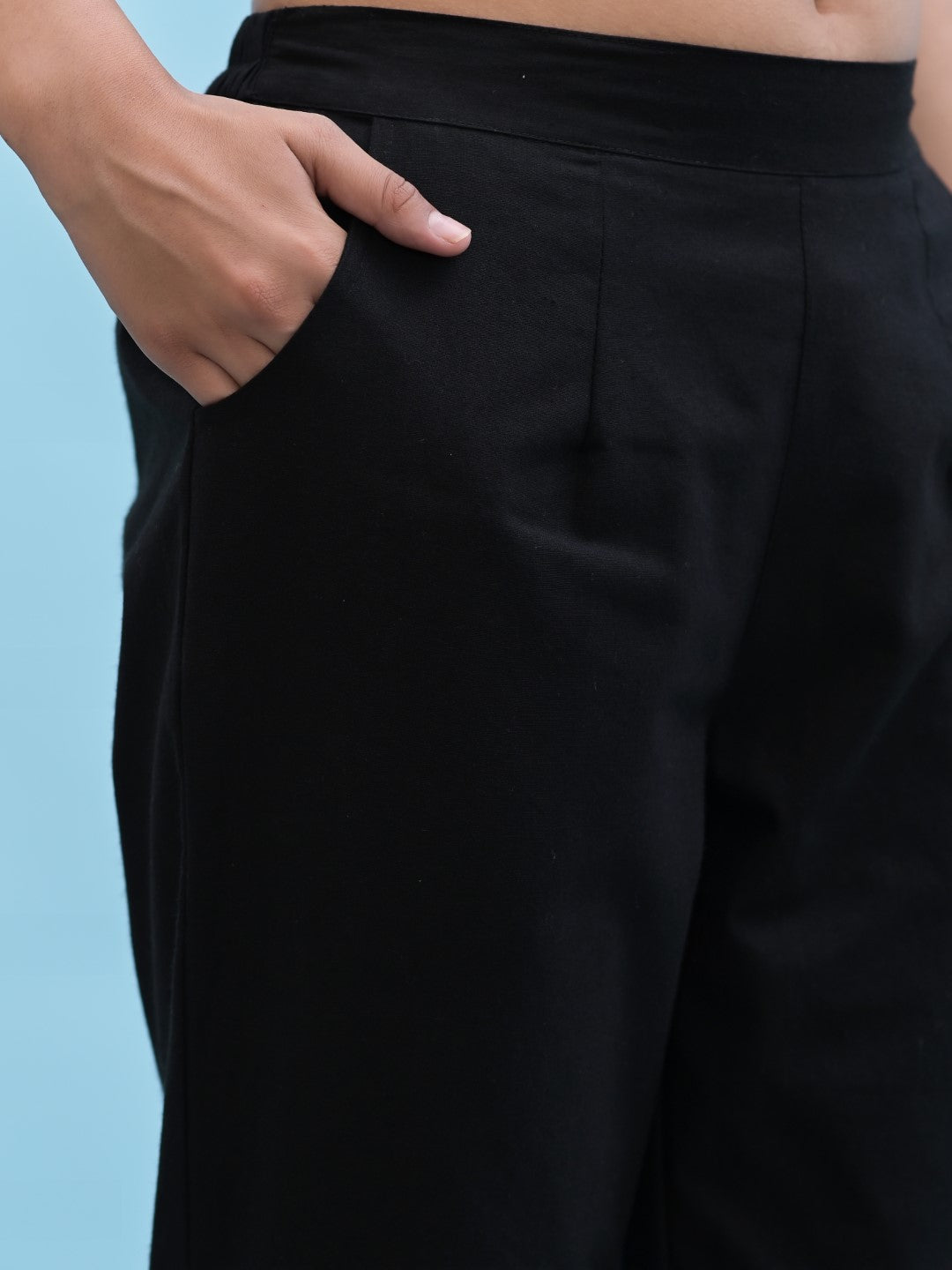 Juniper Women's Black Solid Cotton Pants with Partially Elasticated Waistband and Two Side Pockets - Distacart