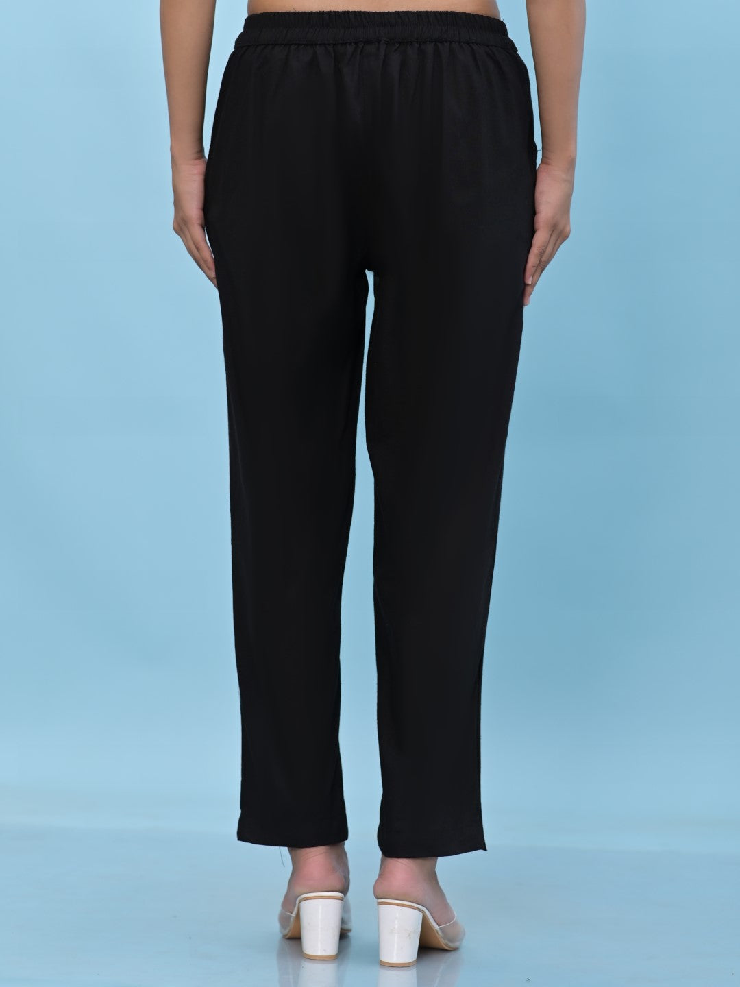 Juniper Women's Black Solid Cotton Pants with Partially Elasticated Waistband and Two Side Pockets - Distacart