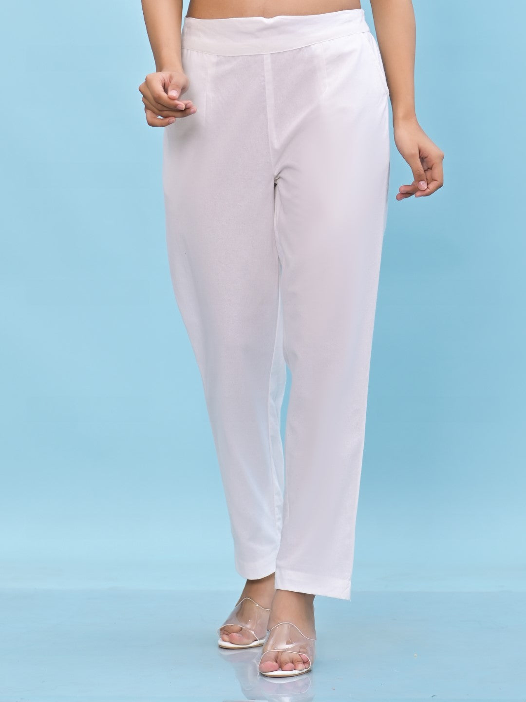 Juniper Women's White Solid Cotton Pants with Partially Elasticated Waistband and Two Side Pockets - Distacart