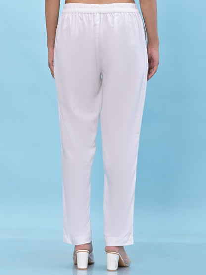 Juniper Women's White Solid Cotton Pants with Partially Elasticated Waistband and Two Side Pockets - Distacart