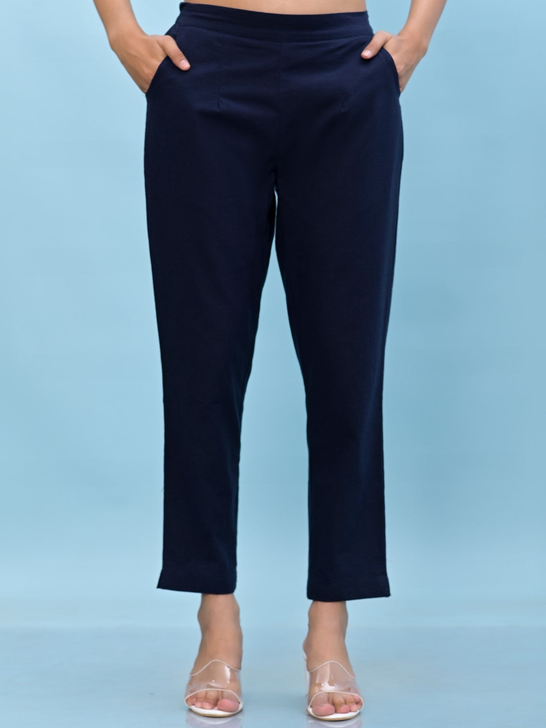 Juniper Women's Navy Blue Solid Cotton Pants with Partially Elasticated Waistband and Two Side Pockets - Distacart