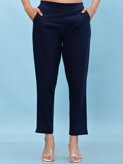 Juniper Women's Navy Blue Solid Cotton Pants with Partially Elasticated Waistband and Two Side Pockets - Distacart