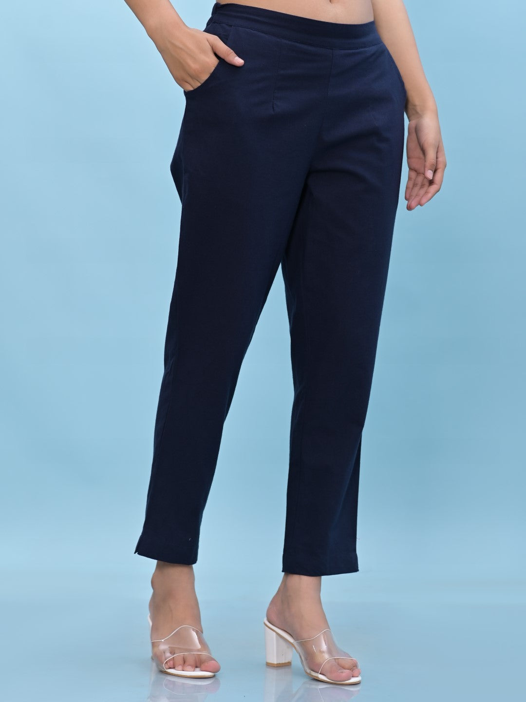 Juniper Women's Navy Blue Solid Cotton Pants with Partially Elasticated Waistband and Two Side Pockets - Distacart