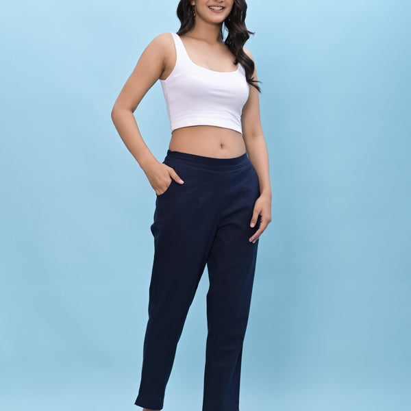 Juniper Women's Navy Blue Solid Cotton Pants with Partially Elasticated Waistband and Two Side Pockets - Distacart