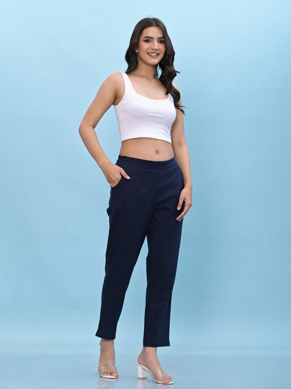 Juniper Women's Navy Blue Solid Cotton Pants with Partially Elasticated Waistband and Two Side Pockets - Distacart