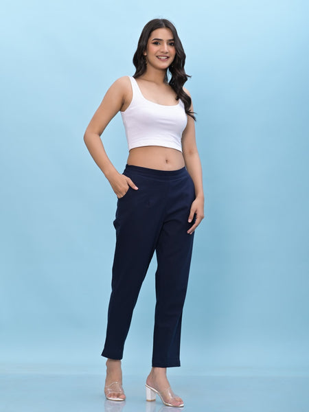 Juniper Women's Navy Blue Solid Cotton Pants with Partially Elasticated Waistband and Two Side Pockets - Distacart