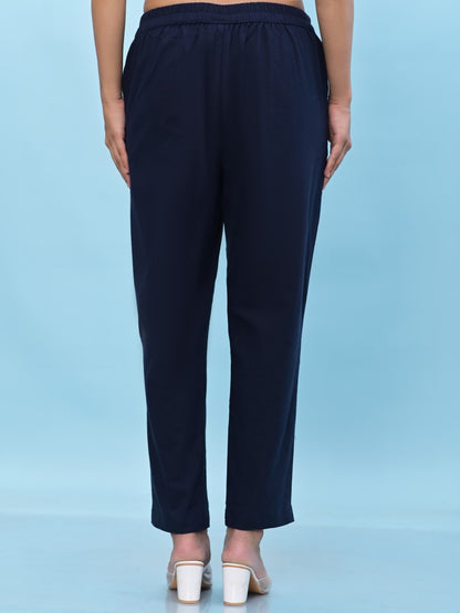 Juniper Women's Navy Blue Solid Cotton Pants with Partially Elasticated Waistband and Two Side Pockets - Distacart