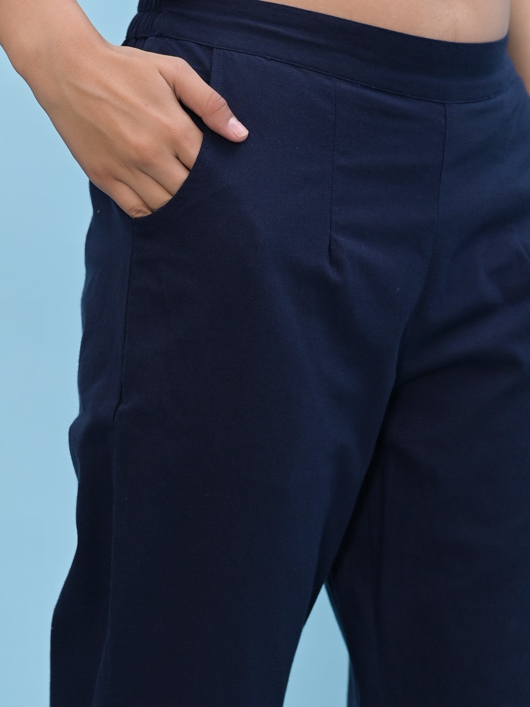 Juniper Women's Navy Blue Solid Cotton Pants with Partially Elasticated Waistband and Two Side Pockets - Distacart