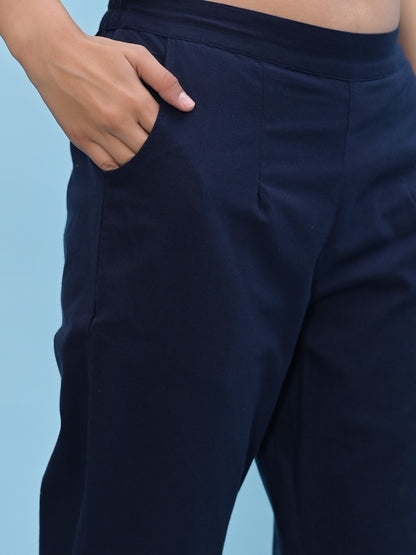Juniper Women's Navy Blue Solid Cotton Pants with Partially Elasticated Waistband and Two Side Pockets - Distacart