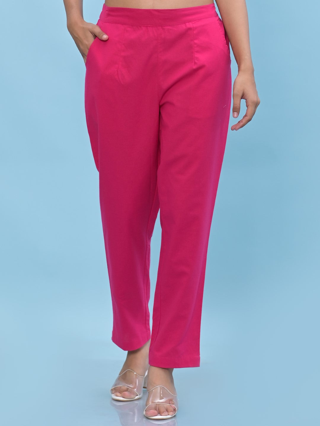Juniper Women's Fuchsia Solid Cotton Pants with Partially Elasticated Waistband and Two Side Pockets - Distacart