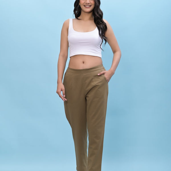 Juniper Women's Brown Solid Cotton Pants with Partially Elasticated Waistband and Two Side Pockets - Distacart