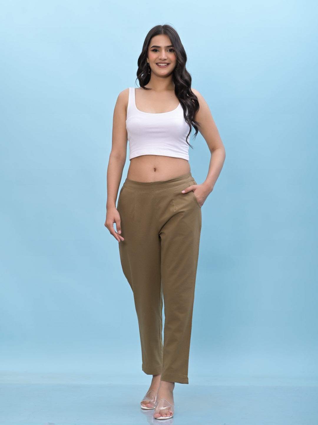 Juniper Women's Brown Solid Cotton Pants with Partially Elasticated Waistband and Two Side Pockets - Distacart