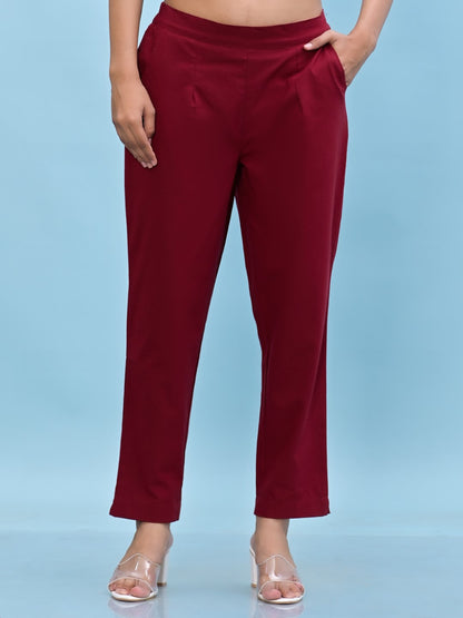 Juniper Women's Maroon Solid Cotton Pants with Partially Elasticated Waistband and Two Side Pockets - Distacart