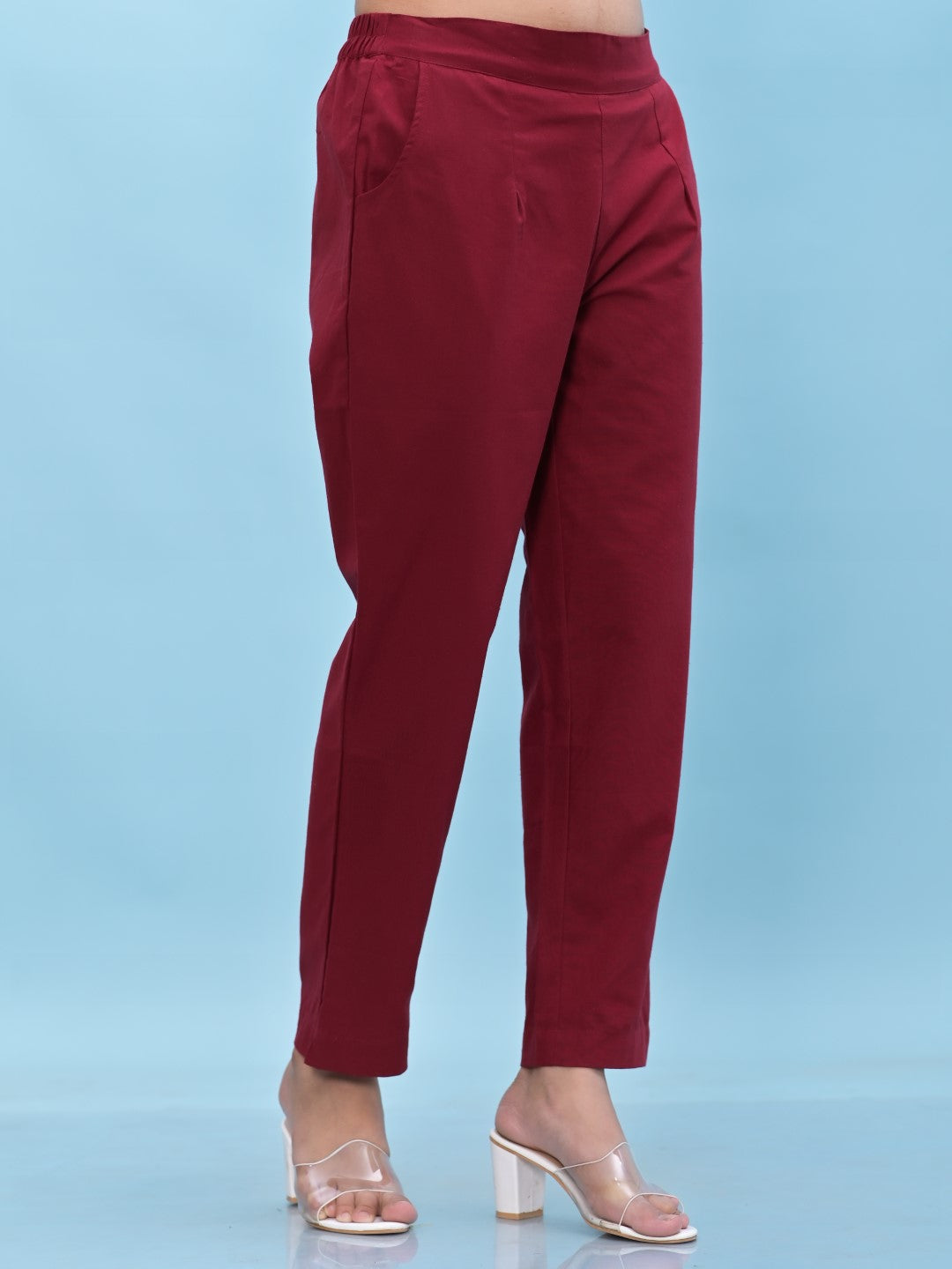 Juniper Women's Maroon Solid Cotton Pants with Partially Elasticated Waistband and Two Side Pockets - Distacart