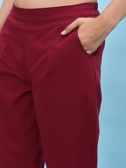Juniper Women's Maroon Solid Cotton Pants with Partially Elasticated Waistband and Two Side Pockets - Distacart