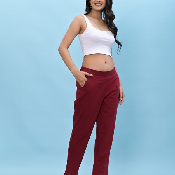 Juniper Women's Maroon Solid Cotton Pants with Partially Elasticated Waistband and Two Side Pockets - Distacart