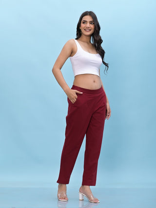 Juniper Women's Maroon Solid Cotton Pants with Partially Elasticated Waistband and Two Side Pockets - Distacart