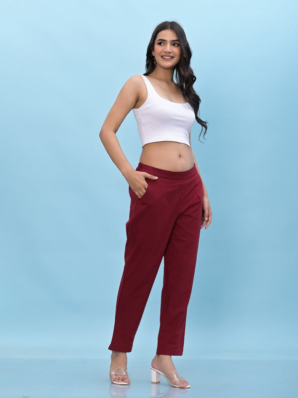 Juniper Women's Maroon Solid Cotton Pants with Partially Elasticated Waistband and Two Side Pockets - Distacart
