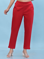 Thumbnail for Juniper Women's Red Solid Cotton Pants with Partially Elasticated Waistband and Two Side Pockets - Distacart