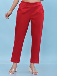 Thumbnail for Juniper Women's Red Solid Cotton Pants with Partially Elasticated Waistband and Two Side Pockets