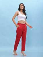 Thumbnail for Juniper Women's Red Solid Cotton Pants with Partially Elasticated Waistband and Two Side Pockets - Distacart