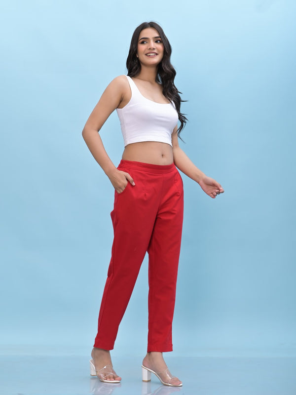 Juniper Women's Red Solid Cotton Pants with Partially Elasticated Waistband and Two Side Pockets - Distacart