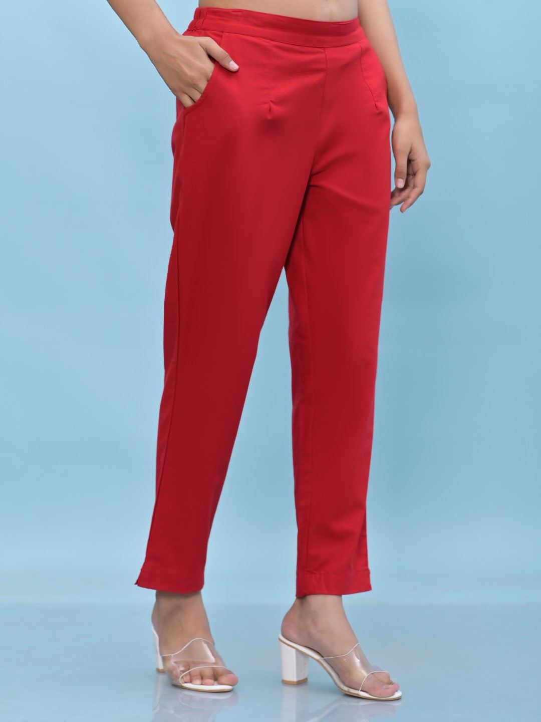 Juniper Women's Red Solid Cotton Pants with Partially Elasticated Waistband and Two Side Pockets - Distacart