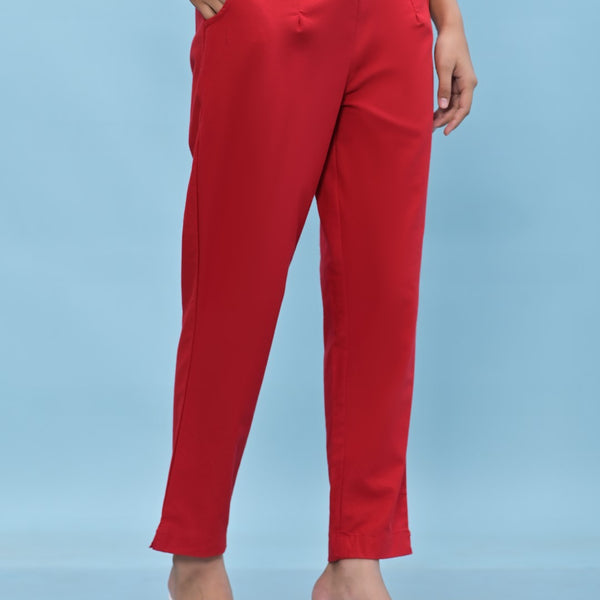 Juniper Women's Red Solid Cotton Pants with Partially Elasticated Waistband and Two Side Pockets - Distacart