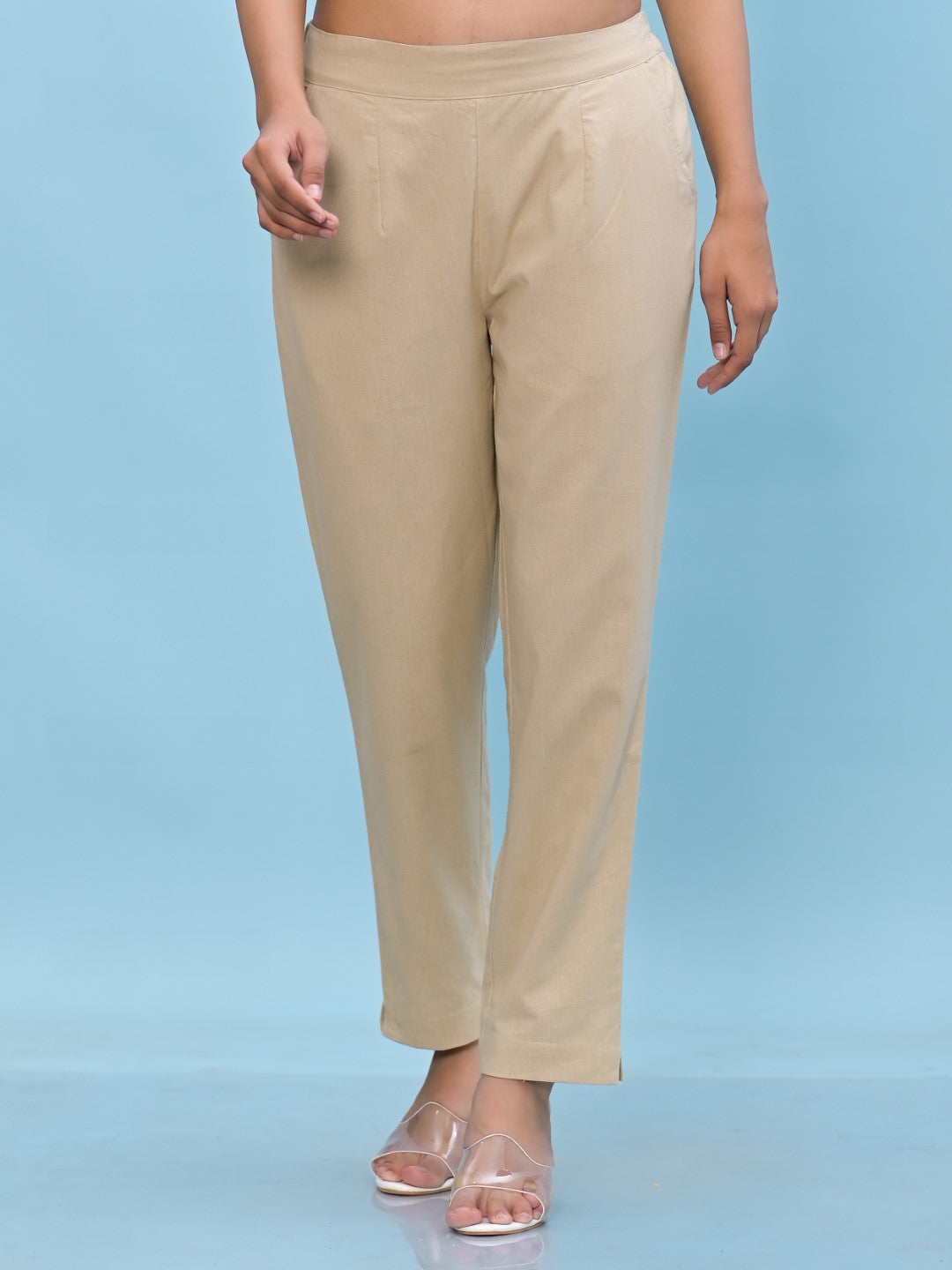 Juniper Women's Beige Solid Cotton Pants with Partially Elasticated Waistband and Two Side Pockets - Distacart