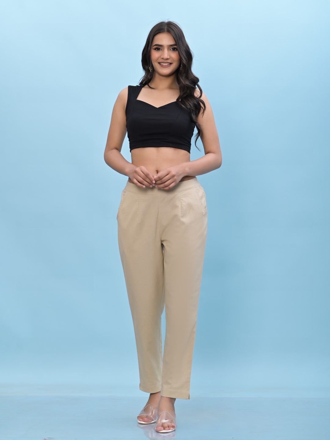 Juniper Women's Beige Solid Cotton Pants with Partially Elasticated Waistband and Two Side Pockets - Distacart