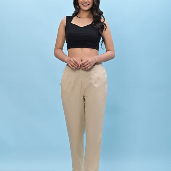 Juniper Women's Beige Solid Cotton Pants with Partially Elasticated Waistband and Two Side Pockets - Distacart