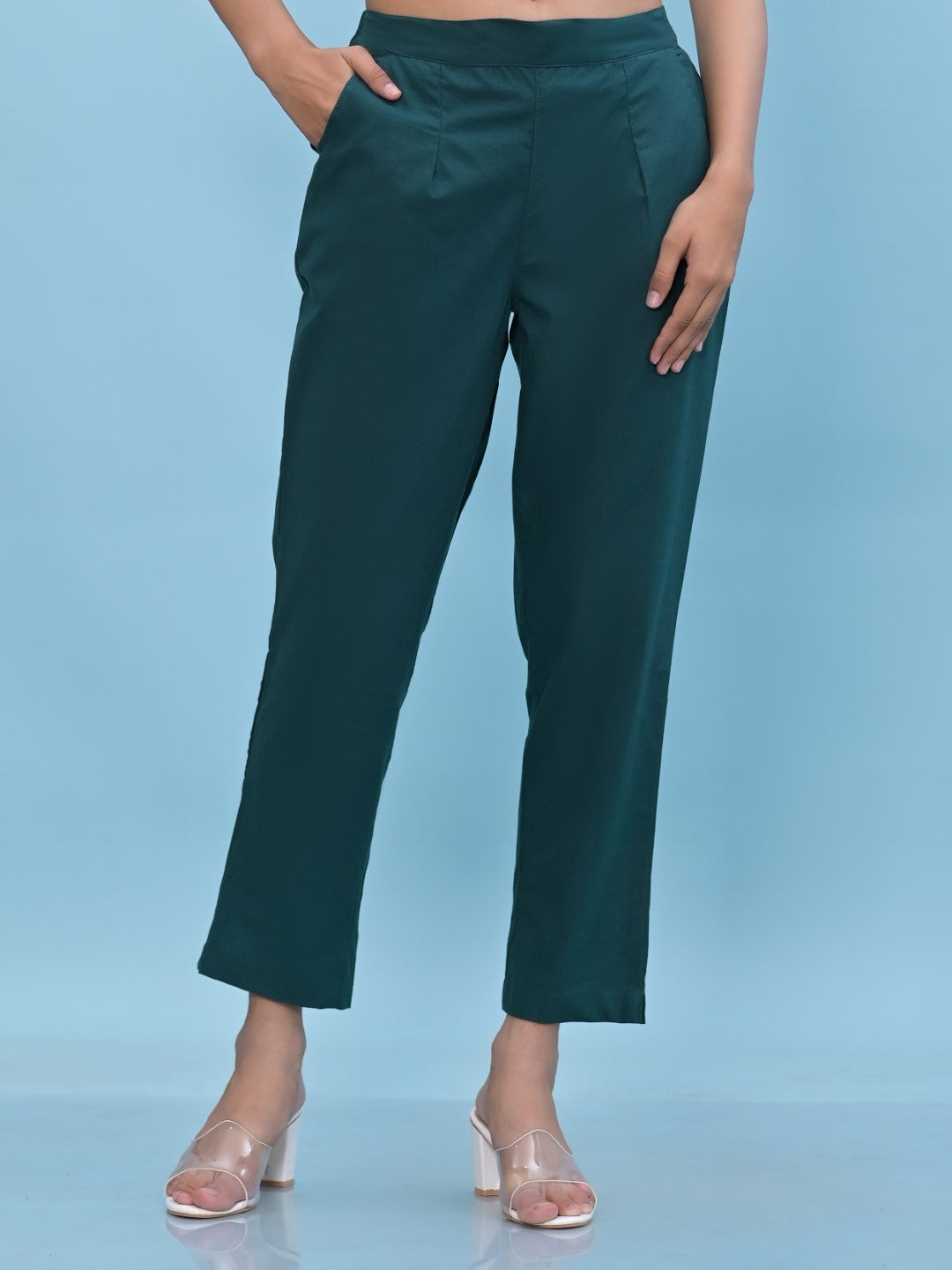 Juniper Women's Green Solid Cotton Pants with Partially Elasticated Waistband and Two Side Pockets - Distacart