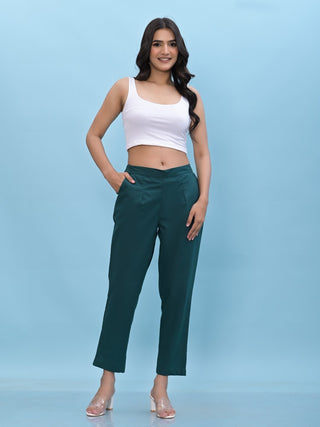 Juniper Women's Green Solid Cotton Pants with Partially Elasticated Waistband and Two Side Pockets - Distacart