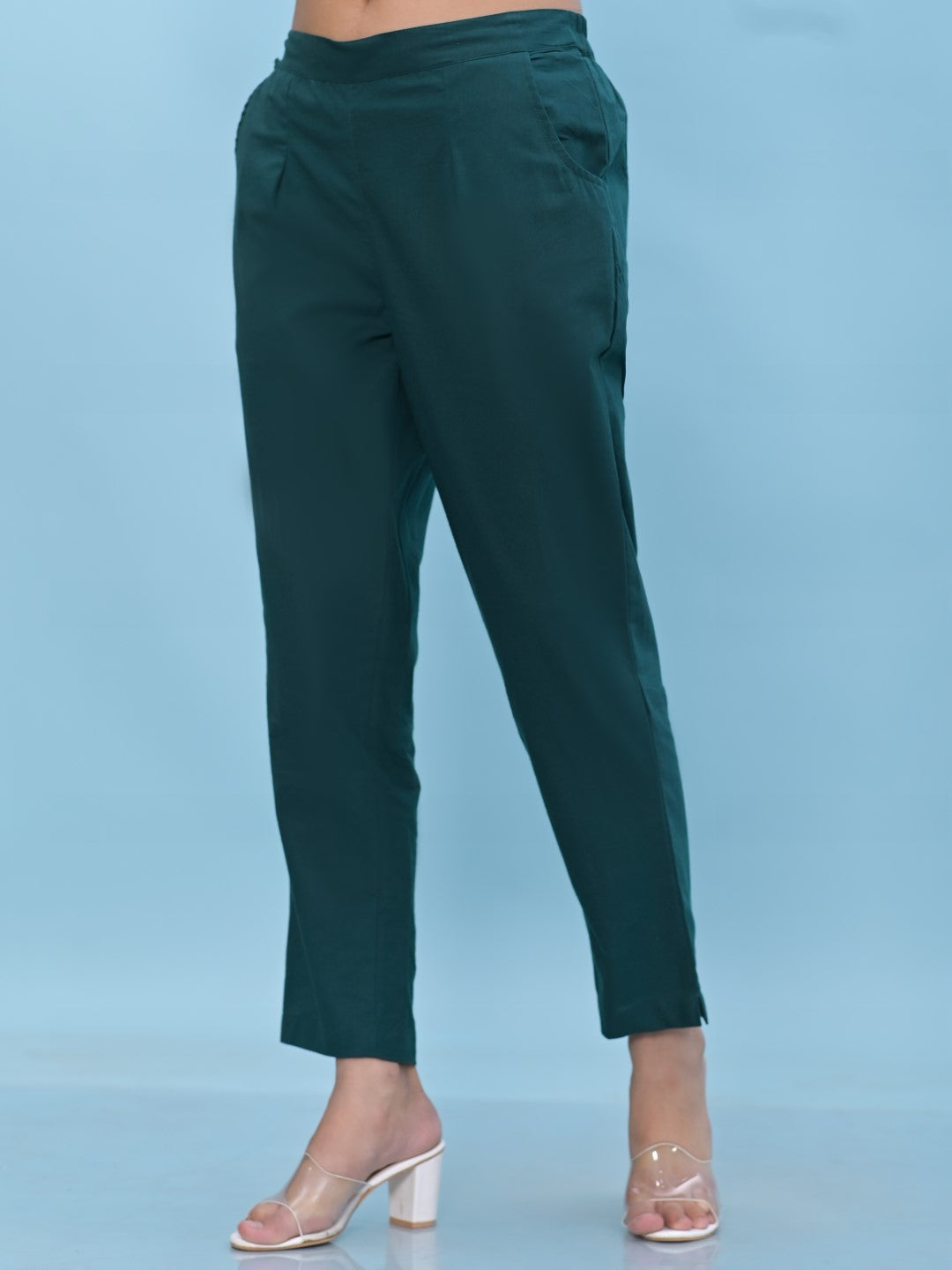 Juniper Women's Green Solid Cotton Pants with Partially Elasticated Waistband and Two Side Pockets - Distacart