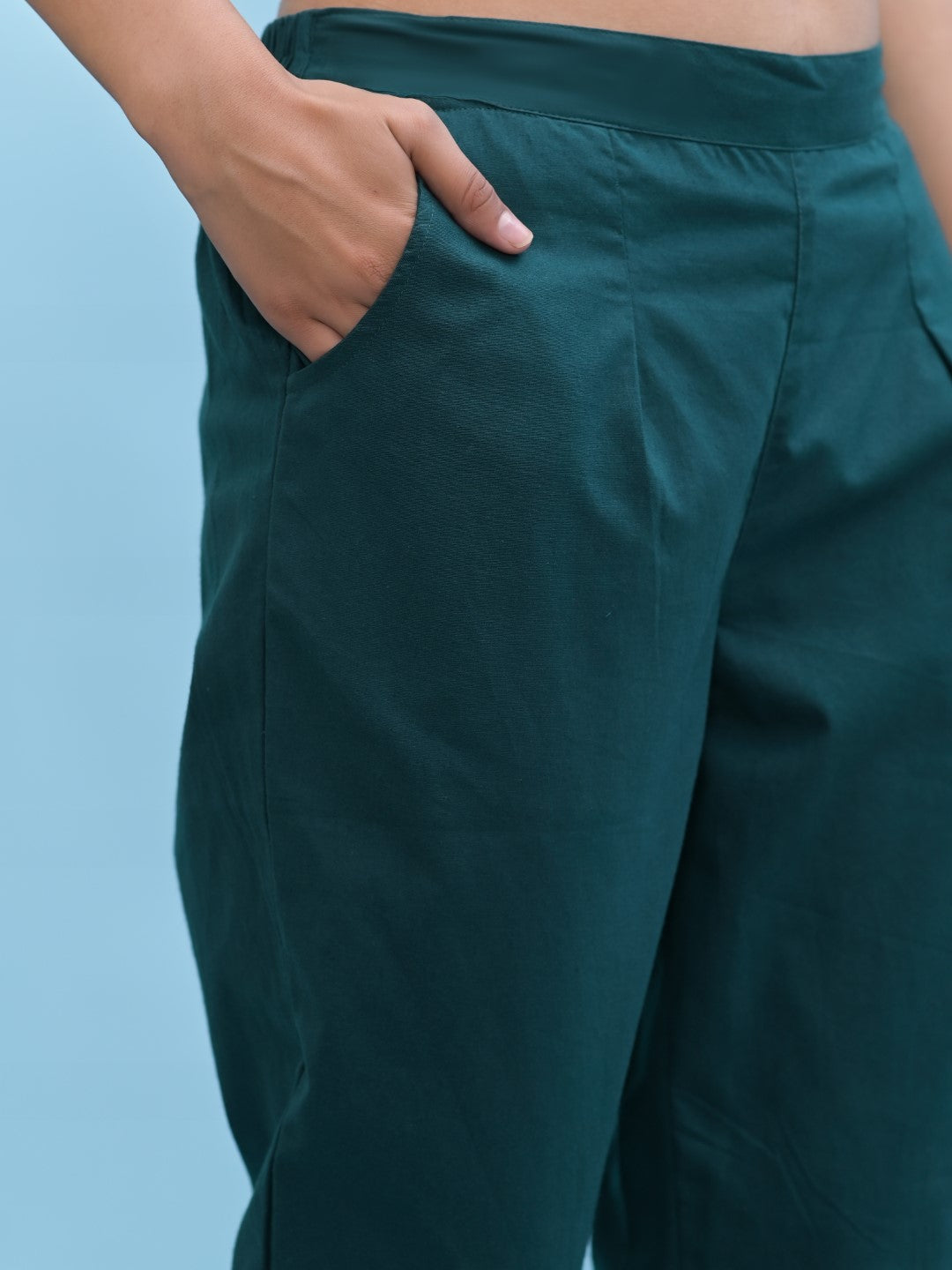 Juniper Women's Green Solid Cotton Pants with Partially Elasticated Waistband and Two Side Pockets - Distacart