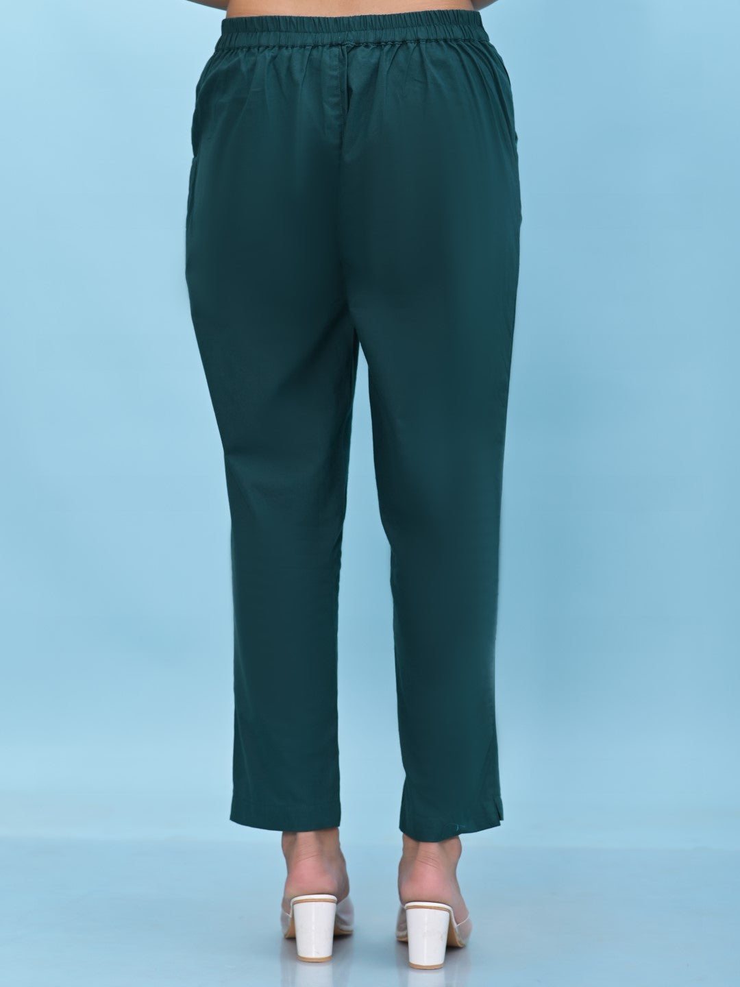 Juniper Women's Green Solid Cotton Pants with Partially Elasticated Waistband and Two Side Pockets - Distacart