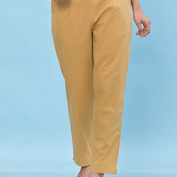 Juniper Women's Gold Solid Cotton Pants with Partially Elasticated Waistband and Two Side Pockets - Distacart