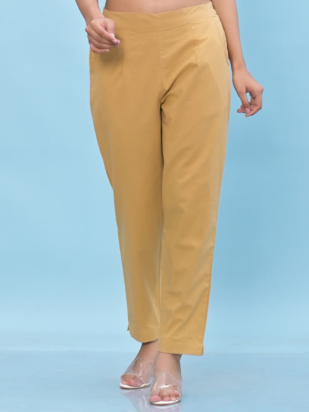 Juniper Women's Gold Solid Cotton Pants with Partially Elasticated Waistband and Two Side Pockets - Distacart