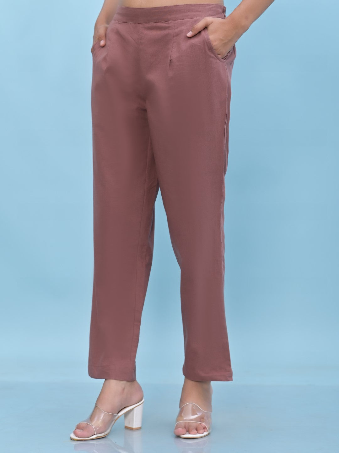 Juniper Women's Mauve Solid Cotton Pants with Partially Elasticated Waistband and Two Side Pockets - Distacart