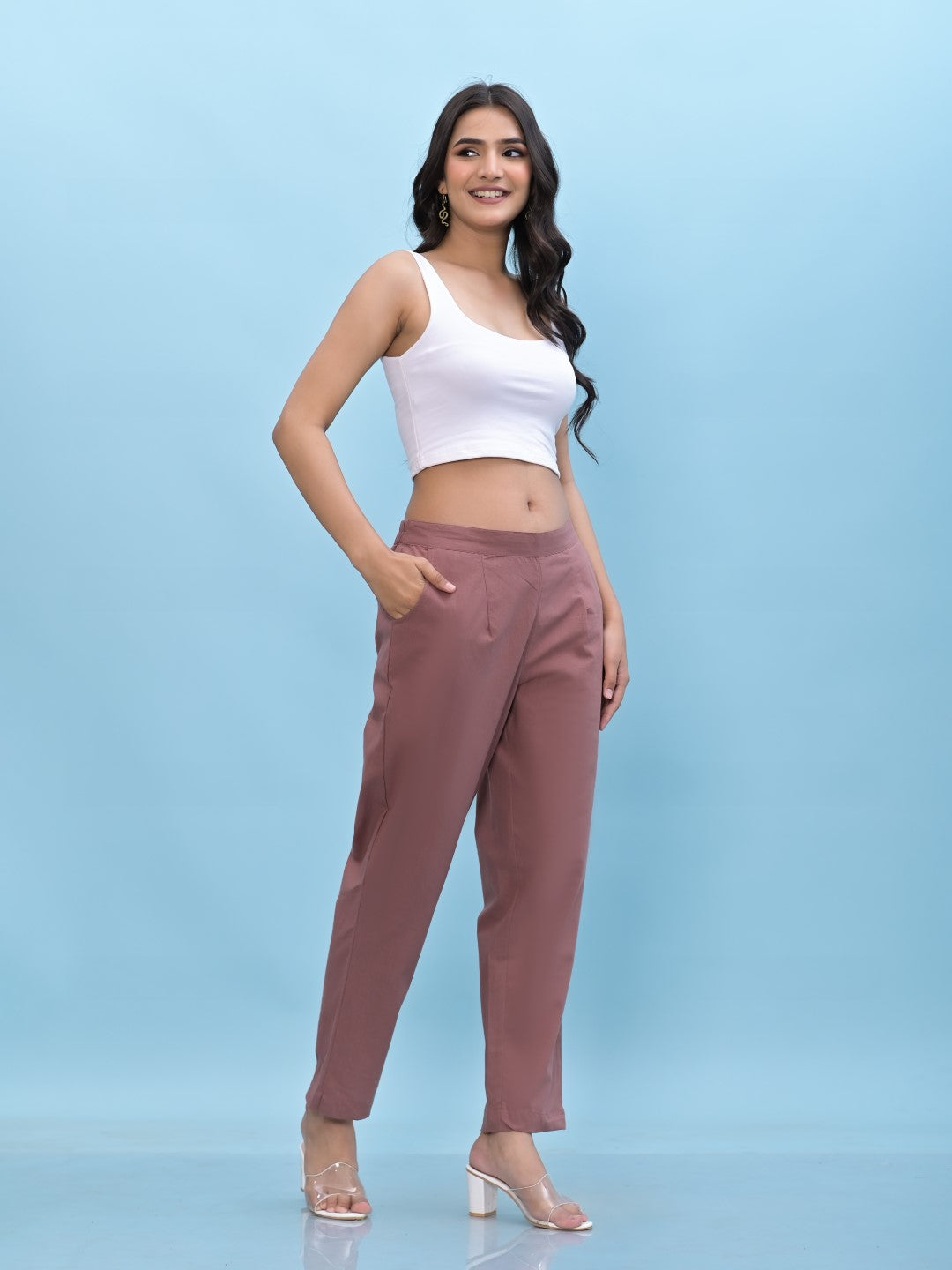 Juniper Women's Mauve Solid Cotton Pants with Partially Elasticated Waistband and Two Side Pockets - Distacart